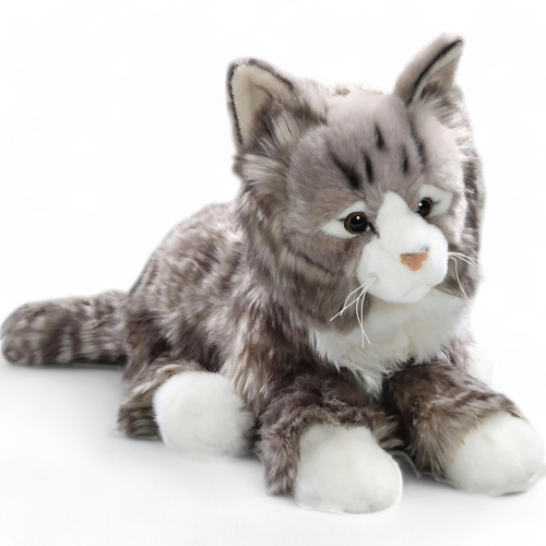 Norwegian Cat lying grey tabby | soft toy | stuffed animal | plush toy