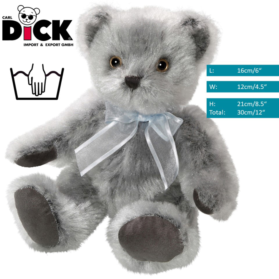 Plüschtier: Bär, grauer Teddy nostalgischer Art mit türkis-weißer Schleife | Kuscheltier | Stofftier