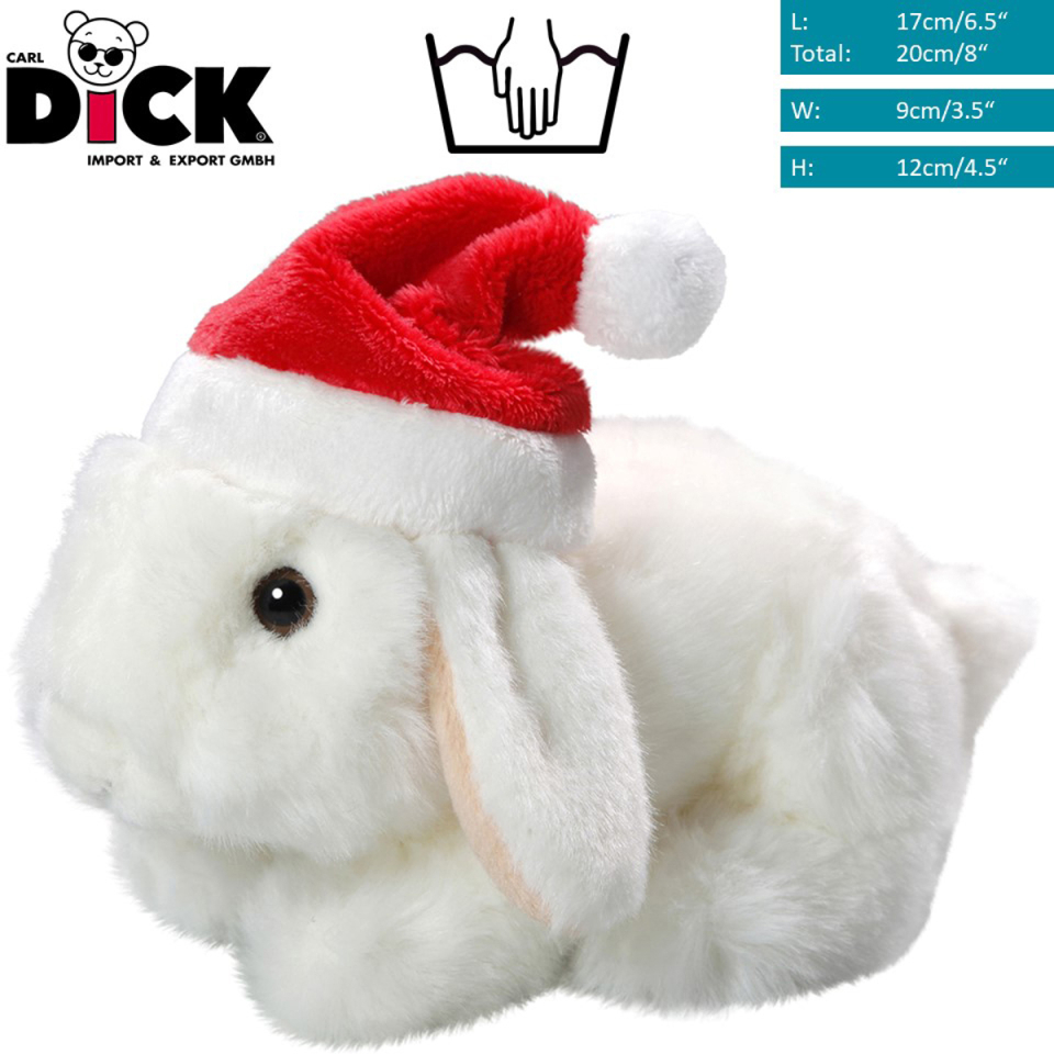 Plüschtier: Hase mit Weihnachtsmütze sitzend weiß, Schneehase | Kuscheltier | Stofftier