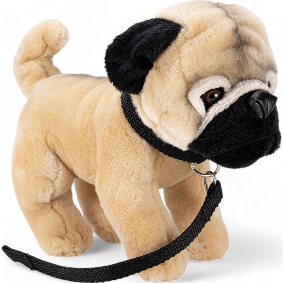 Plüschtier: Mops stehend mit Leine | Kuscheltier | Stofftier