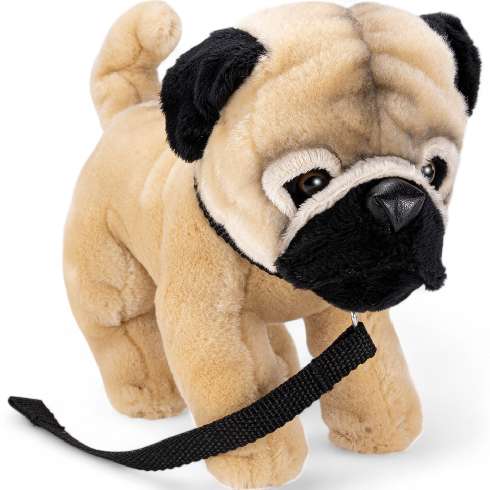 Plüschtier: Mops stehend mit Leine | Kuscheltier | Stofftier