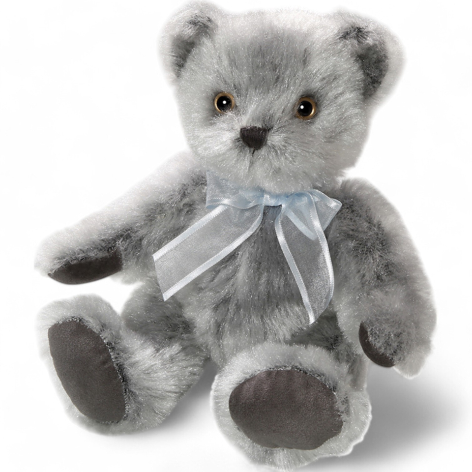 Plüschtier: Bär, grauer Teddy nostalgischer Art mit türkis-weißer Schleife | Kuscheltier | Stofftier