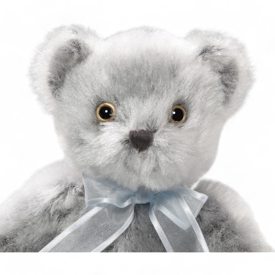 Plüschtier: Bär, grauer Teddy nostalgischer Art mit türkis-weißer Schleife | Kuscheltier | Stofftier