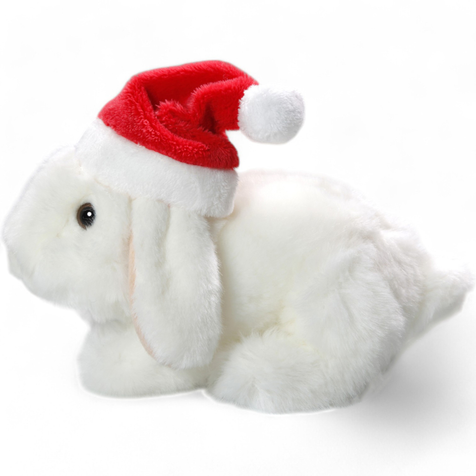 Plüschtier: Hase mit Weihnachtsmütze sitzend weiß, Schneehase | Kuscheltier | Stofftier