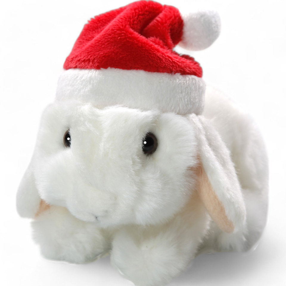 Plüschtier: Hase mit Weihnachtsmütze sitzend weiß, Schneehase | Kuscheltier | Stofftier