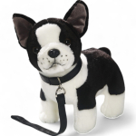 French Bulldog standing with lead, soft toy, stuffed animal