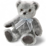 Bär, grauer Teddy nostalgischer Art mit türkis-weißer Schleife, Plüschtier